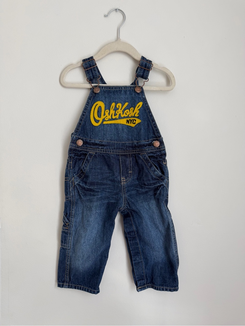 OshKosh Denim Overalls with Yellow NYC Logo (Size 12m)